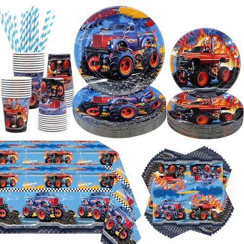 Obussgar Monster Truck Geburtstag Party Dekorationen - Monster Truck Party Supplies einschließlich Teller, Tasse, Serviette, Strohhalme, Tischtuch (40) von Obussgar