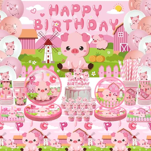 Obussgar Schwein Geburtstag Party Dekorationen - Pink Pig Party Supplies einschließlich Kulisse Teller Kuchen Topper Tasse Serviette Ballon Tischdecke für Schwein Party Dekoration - Serves 20 (B) von Obussgar