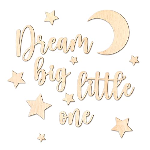 Ocasy 3D Schriftzug Holz "Dream big little one" mit Sternen und Halbmond, Wanddekoration ca. 10x93cm, DIY Holzdeko für Kinderzimmer von Ocasy