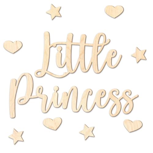 Ocasy Schriftzug "Little Princess" mit 3 Herzen und 3 Sternen, Wanddekoration mit 3D-Effekt, Wandbild aus Holz, DIY Holzdeko 400x80x5mm für Kinderzimmer von Ocasy