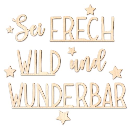 Ocasy Schriftzug "Sei frech, wild und wunderbar" mit 6 Sternen, Wanddekoration mit 3D-Effekt, Wandbild aus Holz, DIY Holzdeko 640x80x5mm für Kinderzimmer von Ocasy