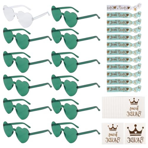 OctBird 36 Stück JGA Brille Team Braut Haargummi,Bride to Be Herz Brille Set,12Herz Sonnenbrille+12Bride Tattoo Aufkleber+12Bride Armband,JGA Deko Accessoires für Bachelorette Party,JGA Set Grün von OctBird