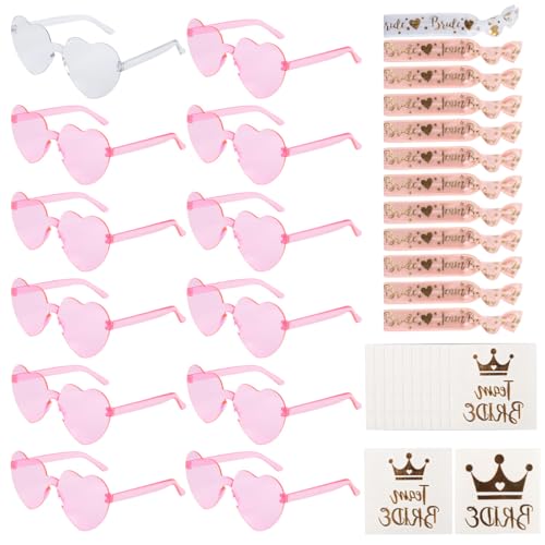 OctBird 36 Stück JGA Brille Team Braut Haargummi,Bride to Be Herz Brille Set,12Herz Sonnenbrille+12Bride Tattoo Aufkleber+12Bride Armband,JGA Deko Accessoires für Bachelorette Party,JGA Set Rosa von OctBird