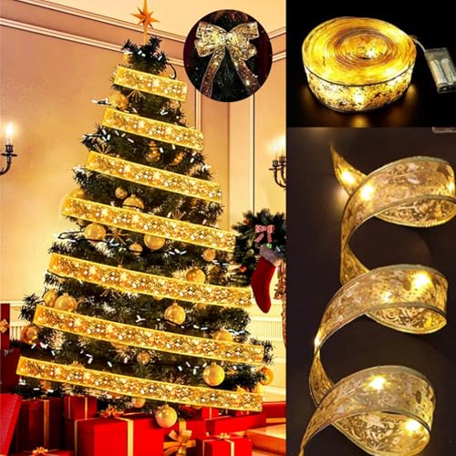 Octonyluck Glänzende Band Lichterkette, 5m Weihnachtsband Lichterkette, 50 LED Batteriebetrieben Weihnachtsbaum Band Schleifen Lichter, LED Weihnachtsbeleuchtung für Party,Weihnachtsbaum Deko von Octonyluck