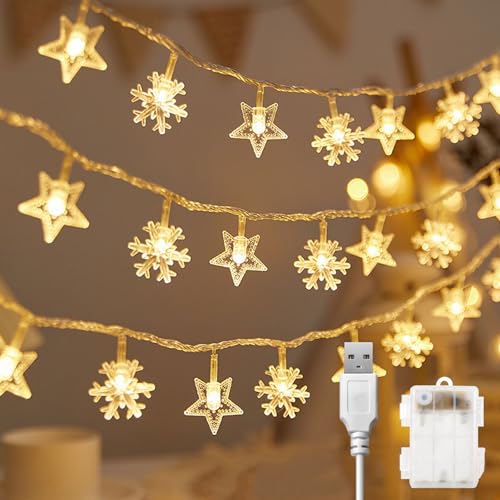 Schneeflocke Lichterketten, Lichterkette LED Lichterkette Sterne, 6M 40Pcs LED Sterne Lichterketten, Shining Decoration Lightning für Innen-Außen-Hochzeitsfeier Neujahr Garten Weihnachtsdekoration von Octonyluck