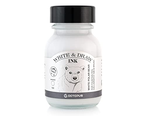 Octopus Write and Draw Ink 100 White Polar Bear, wasserfeste Tinte zum Schreiben und Zeichnen, Kalligraphietinte, lichtechte Zeichentusche für Füllhalter, weiß, 50 ml von Octopus Fluids