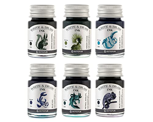 Octopus Write and Draw Ink Set RIVER, wasserfeste Tinte zum Schreiben und Zeichnen, Kalligraphietinte, Zeichentusche für Füllhalter, 6x10 ml von Octopus Fluids