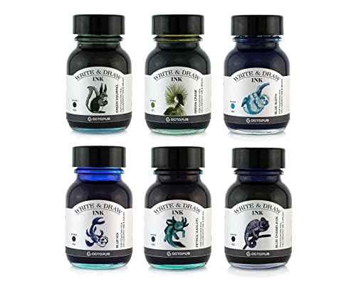 Octopus Write and Draw Ink Set RIVER, wasserfeste Tinte zum Schreiben und Zeichnen, Kalligraphietinte, Zeichentusche für Füllhalter, 6x50 ml von Octopus Fluids