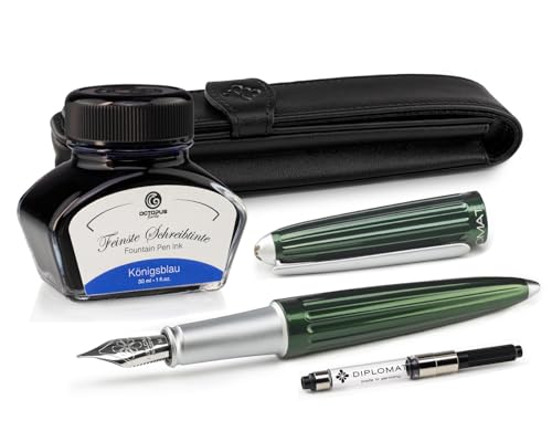 Diplomat Aero Füllhalter Set in Evergreen mit Edelstahlfeder M, Füllhaltertinte in Königsblau und Stift-Etui aus Echtleder, Füllfederhalter, Füller von Octopus