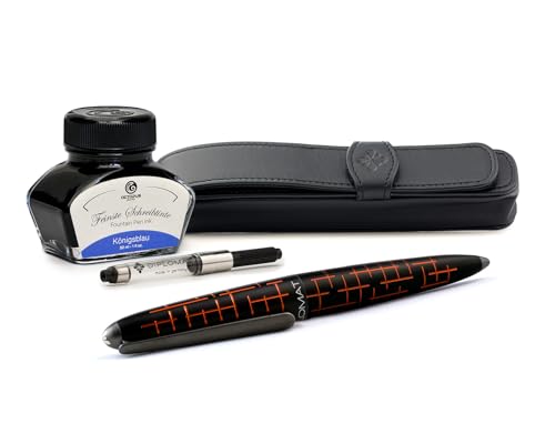 Diplomat Elox Matrix Orange Füllhalter Set mit Edelstahlfeder M, Füllhaltertinte in Königsblau und Stift-Etui aus Echtleder, Füllfederhalter, Füller von Octopus