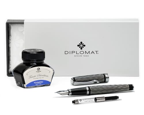 Diplomat Excellence A+ Wave guillochiert lapis schwarz, Füllfederhalter mit Schreibtinte und Konverter, Füller mit Edelstahlfeder Stärke M, Füllhalter-Set von Octopus