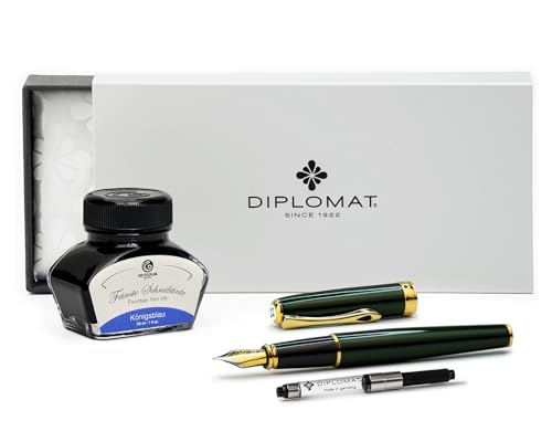 Diplomat Excellence A2 Evergreen vergoldet, Füllfederhalter mit Schreibtinte und Konverter, Füller mit Edelstahlfeder Stärke M, Füllhalter-Set von Octopus