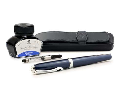 Diplomat Excellence A2 Midnight Blue Chrom, Füllfederhalter im Set mit Stiftetui aus Leder, Schreibtinte und Konverter, Füller mit Edelstahlfeder Stärke M, Füllhalter-Set von Octopus