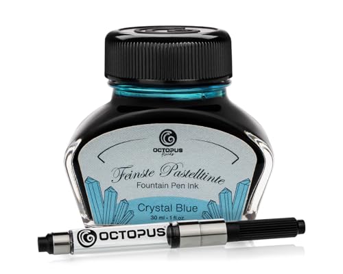 Octopus Fluids Füllhaltertinte im Tintenglas inklusive Konverter, Schreibtinte für Füllhalter, Füllertinte in Pastell Blau Crystal Blue 30ml von Octopus