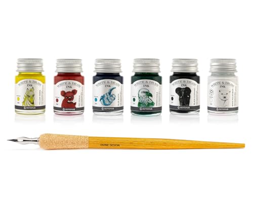 Write and Draw Ink Set BASIC BRIGHT, Schreib- und Zeichentusche, 6 x 10 ml mit Schreibfeder von Octopus