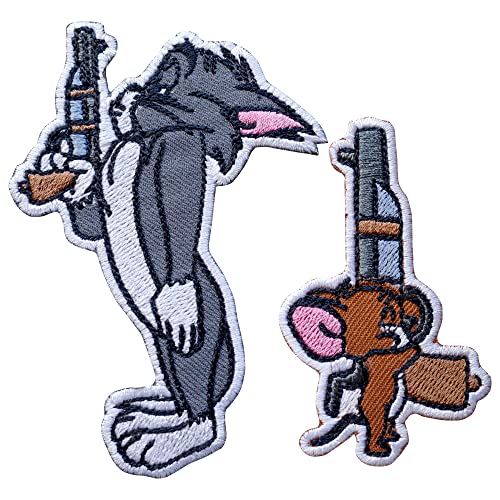 Octory Gestickte Aufnäher zum Aufbügeln auf Kleidung, Motiv: Tom und Jerry mit Pistolen, für Jeans, Hüte, Taschen, 2 Stück von Octory