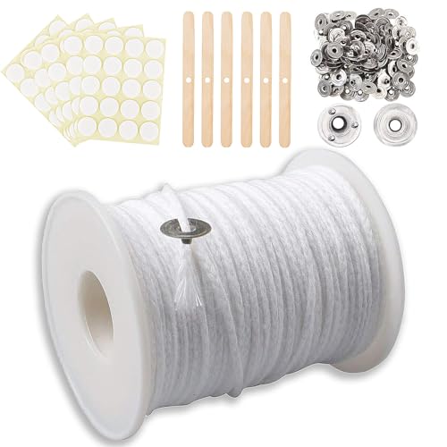 OdiuK Kerzendocht Rolle 6100cm Dochte für Kerzen Set, Geruchlos Kerzendochte für Kerzen mit 100 Metallbasis & 6 Pcs Holzfixierer, Natürlichen Candle Wick Set für DIY Neues Jahr Kerzenherstellung von OdiuK