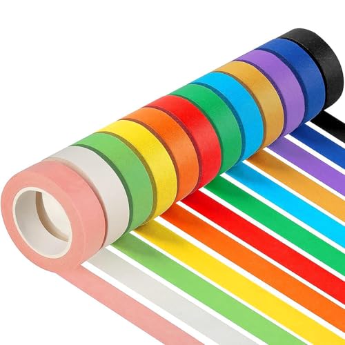 OdiuK 12 Rollen Kreppband Bunt, 15m x 23mm Klebeband Set Bunt Malerkrepp DIY Abklebeband Maler Regenbogen Masking Tape, Dekorative Washi Tape für Weihnachten Kunst Wandbilder Geschenke Verpackung von OdiuK