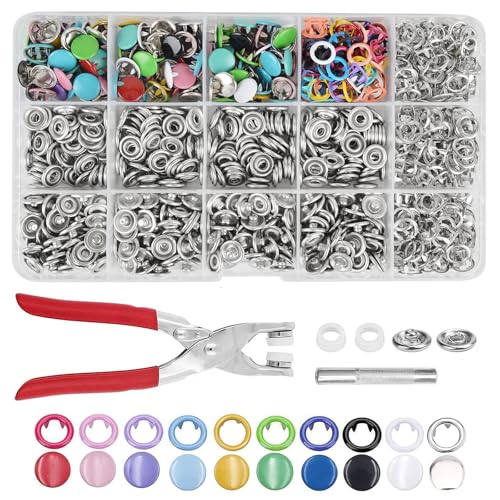 OdiuK 250 Sets Druckknöpfe, Druckknopf set mit zange 9,5 mm Hohle und Solide Metall Button Druckknöpfe Kit, Druckknöpfe Ohne Nähen Für Diy Basteln Kleidung Taschen Sewing Craft(10 Farben) von OdiuK