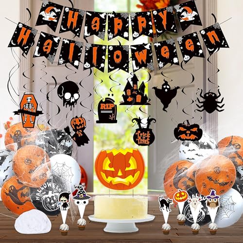 OdiuK Halloween Party Deko Set, 50 Stück Happy Halloween Banner Dekoration Halloween Hängende Spiralen Luftballons Deko Kit, Halloween Girlande Deko für Grusel Halloween Party Horror Deko von OdiuK