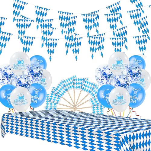 OdiuK Oktoberfest Deko Set, 32 Tlg Bayrische Wiesn Dekoration mit 10m Oktoberfest Wimpelkette 18 Bayern Deko Luftballons 12 Tortendeko 137*274CM Oktoberfest Tischdecke für Wiesn Deko Oktoberfest Party von OdiuK