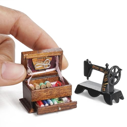 Odoria Puppenhaus Nähmaschine Nähkästchen Miniatur: 1/12 Maßstab Nähkasten Holz für Nähzimmer Vintage - Mini Nähmaschine Metall Retro von Odoria
