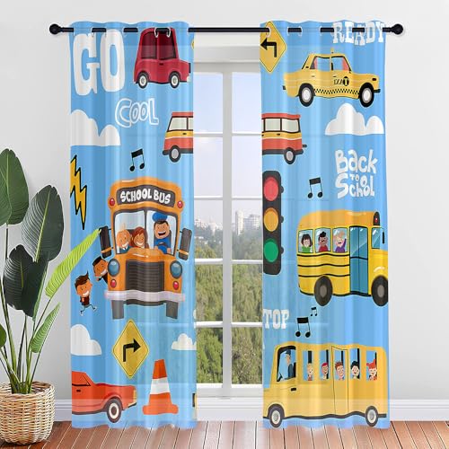 Odot Kind Transparent Gardinen mit Ösen Schlaufen, Karikatur Druck Vorhänge Voile Sheer Vorhang Dekoschal Fensterschal Ösenvorhang für Wohnzimmer Fenster 2er Set (Bus,140x160cm) von Odot