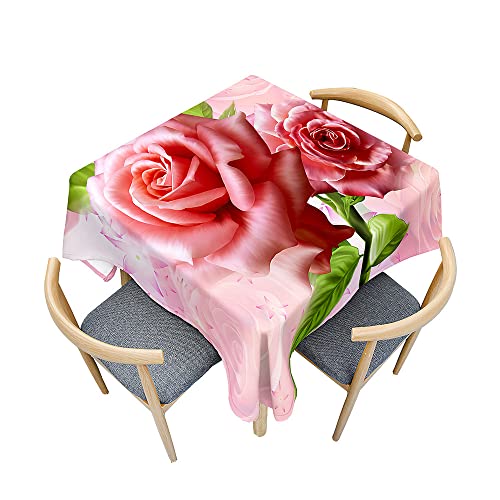 Odot Tischdecke Quadratisch Wasserdicht Polyester, Pflegeleicht Fleckschutz Abwaschbar 3D-Rosenblumendruck Rechteckig Tischdecke für Home Küche Dekoration (120x120cm,Hellrosa Rose) von Odot