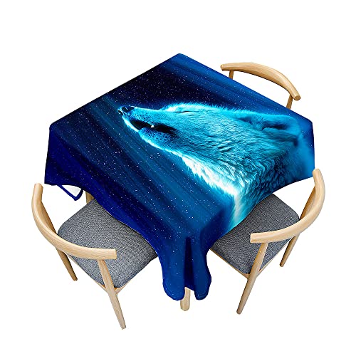 Odot Tischdecke Quadratisch Wasserdicht Polyester, Pflegeleicht Fleckschutz Abwaschbar 3D-Wolf-Druck Rechteckig Tischdecke für Home Küche Dekoration (120x120cm,Blauer Wolf) von Odot