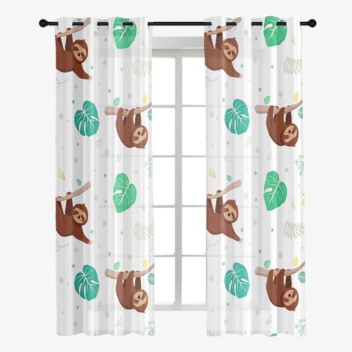 Odot Transparent Gardinen mit Ösen Schlaufen, Kinder Drucken Vorhänge Voile Sheer Vorhang Dekoschal Fensterschal Ösenvorhang für Wohnzimmer Fenster 2er Set (80x115cm,Faultier) von Odot