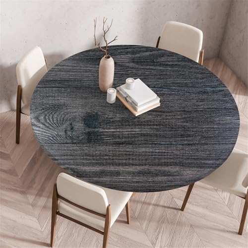 Odot Waschbare Elastische Runde Tischdecke 3D Braun Holz Anti-Tear Wischbare rutschfeste Rund Tischdecken Abwaschbar Abwischbar Tischtuch für Dekoration Garten Partys Kaffee (60cm,Schwarz) von Odot