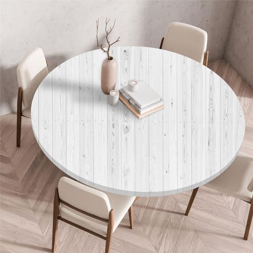 Odot Waschbare Elastische Runde Tischdecke 3D Druck Anti-Tear Wischbare rutschfeste Rund Tischdecken Abwaschbar Abwischbar Tischtuch für Dekoration Garten Partys Kaffee (120cm,Weiß) von Odot