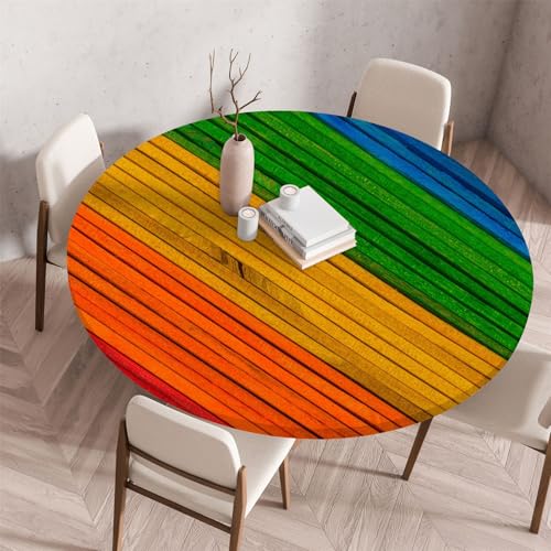 Odot Waschbare Elastische Runde Tischdecke 3D Druck Anti-Tear Wischbare rutschfeste Rund Tischdecken Abwaschbar Abwischbar Tischtuch für Dekoration Kaffee Garten Party (120cm,Regenbogen) von Odot