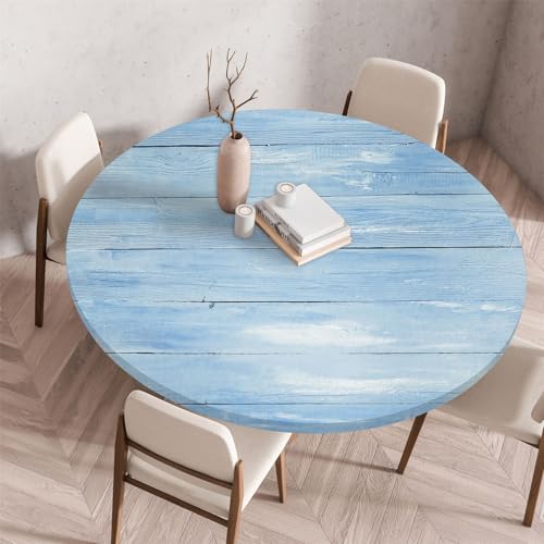 Odot Waschbare Elastische Runde Tischdecke 3D Holzdruck - Anti-Tear Wischbare rutschfeste Rund Tischdecken Abwaschbar Abwischbar Tischtuch Holz für Dekoration Kaffee Garten Party (140cm,Hellblau) von Odot