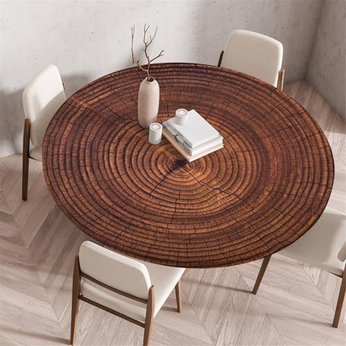 Odot Waschbare Elastische Runde Tischdecke 3D Holzdruck - Anti-Tear Wischbare rutschfeste Rund Tischdecken Abwaschbar Abwischbar Tischtuch für Dekoration Kaffee Garten Party (100cm,Baum) von Odot