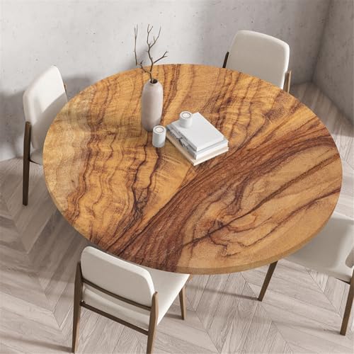 Odot Waschbare Elastische Runde Tischdecke 3D Holzdruck - Anti-Tear Wischbare rutschfeste Rund Tischdecken Abwaschbar Abwischbar Tischtuch für Dekoration Kaffee Garten Party (100cm,Braun) von Odot