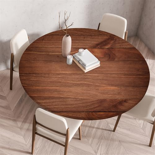 Odot Waschbare Elastische Runde Tischdecke 3D Holzdruck - Anti-Tear Wischbare rutschfeste Rund Tischdecken Abwaschbar Abwischbar Tischtuch für Dekoration Kaffee Garten Party (100cm,Kaffee) von Odot