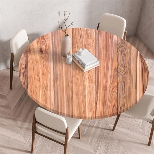 Odot Waschbare Elastische Runde Tischdecke 3D Holzdruck - Anti-Tear Wischbare rutschfeste Rund Tischdecken Abwaschbar Abwischbar Tischtuch für Dekoration Kaffee Garten Party (110cm,Hellbraun) von Odot