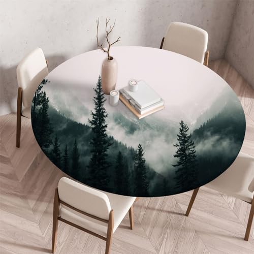 Odot Waschbare Elastische Runde Tischdecke 3D Waldnatur Anti-Tear Wischbare rutschfeste Rund Tischdecken Abwaschbar Abwischbar Tischtuch Holz für Dekoration Kaffee Garten (100cm,Nebel) von Odot