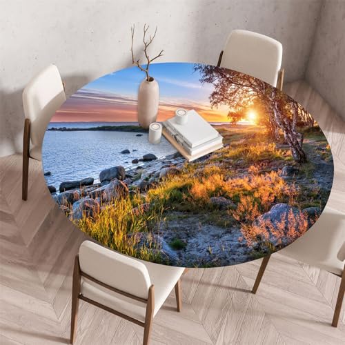 Odot Waschbare Elastische Runde Tischdecke 3D Waldnatur Anti-Tear Wischbare rutschfeste Rund Tischdecken Abwaschbar Abwischbar Tischtuch Holz für Dekoration Kaffee Garten (130cm,Sonnenuntergang) von Odot