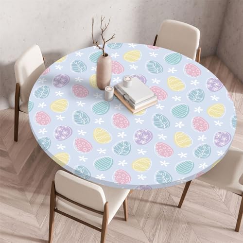 Odot Waschbare Elastische Runde Tischdecke Osterhase Druck Anti-Tear Wischbare rutschfeste Rund Tischdecken Abwaschbar Abwischbar Tischtuch Holz für Dekoration Kaffee Garten (100cm,Blau) von Odot