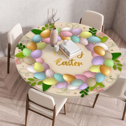 Odot Waschbare Elastische Runde Tischdecke Osterhase Druck Anti-Tear Wischbare rutschfeste Rund Tischdecken Abwaschbar Abwischbar Tischtuch Holz für Dekoration Kaffee Garten (100cm,Ostereier) von Odot