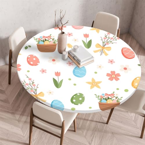 Odot Waschbare Elastische Runde Tischdecke Osterhase Druck Anti-Tear Wischbare rutschfeste Rund Tischdecken Abwaschbar Abwischbar Tischtuch Holz für Dekoration Kaffee Garten (60cm,Blumen) von Odot