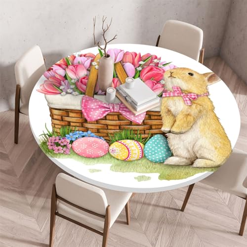 Odot Waschbare Elastische Runde Tischdecke Osterhase Druck Anti-Tear Wischbare rutschfeste Rund Tischdecken Abwaschbar Abwischbar Tischtuch Holz für Dekoration Kaffee Garten (60cm,Korb) von Odot