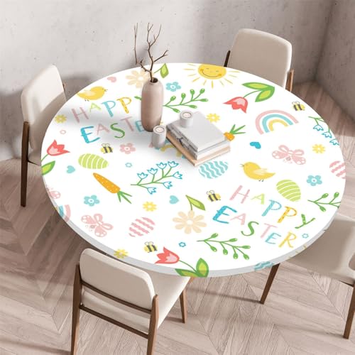 Odot Waschbare Elastische Runde Tischdecke Osterhase Druck Anti-Tear Wischbare rutschfeste Rund Tischdecken Abwaschbar Abwischbar Tischtuch Holz für Dekoration Kaffee Garten (60cm,Regenbogen) von Odot