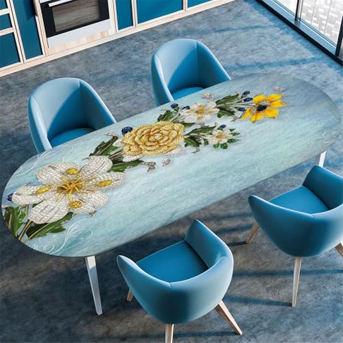 Odot Waschbare Elastische Runde Tischdecke Oval 3D Druck Abwaschbar Spanntischdecke Oval Gartentischdecke Outdoor Oval Tischdecke mit Gummizug, Pflanze Druck (107x152cm,Blumen) von Odot