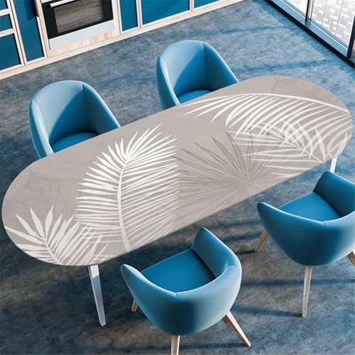 Odot Waschbare Elastische Runde Tischdecke Oval 3D Druck Abwaschbar Spanntischdecke Oval Gartentischdecke Outdoor Oval Tischdecke mit Gummizug, Pflanze Druck (107x165cm,Palmblätter) von Odot