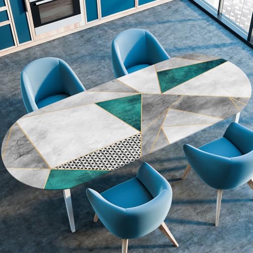 Odot Waschbare Elastische Runde Tischdecke Oval Abwaschbar Spanntischdecke Oval Gartentischdecke 3D Geometrie Outdoor Oval Tischdecke mit Gummizug (122x183cm,Türkis) von Odot