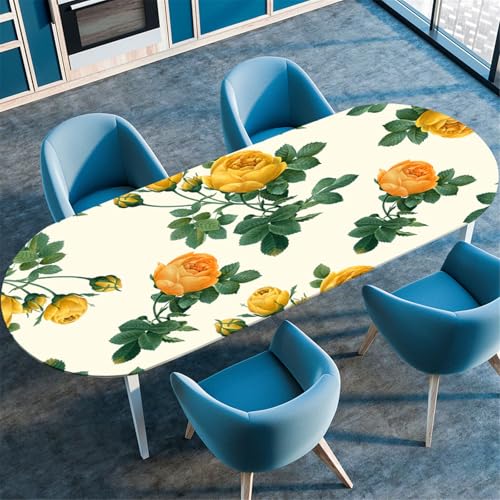 Odot Waschbare Elastische Runde Tischdecke Oval Abwaschbar Spanntischdecke Oval Gartentischdecke Outdoor Oval Tischdecke mit Gummizug, 3D Moderne Blumen (Gelbe Rose,107x152cm) von Odot