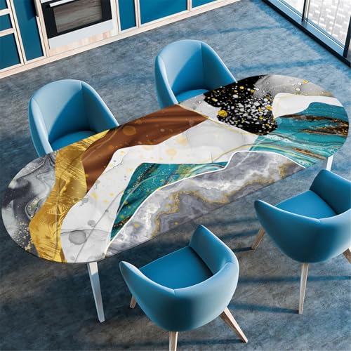 Odot Waschbare Elastische Runde Tischdecke Oval Abwaschbar Spanntischdecke Oval Gartentischdecke Outdoor Oval Tischdecke mit Gummizug, Graffiti Marmor 3D Druck (Abstrakt,107x152cm) von Odot